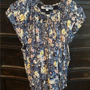 LOFT Blue and Yellow Flutter Sleeve Blouse